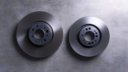 Brake drum and disc comparison on a grey industrial surface with top-down view