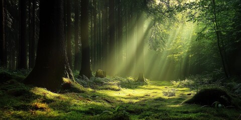 Fototapeta premium A tranquil forest bathed in sunlight beckons adventure.