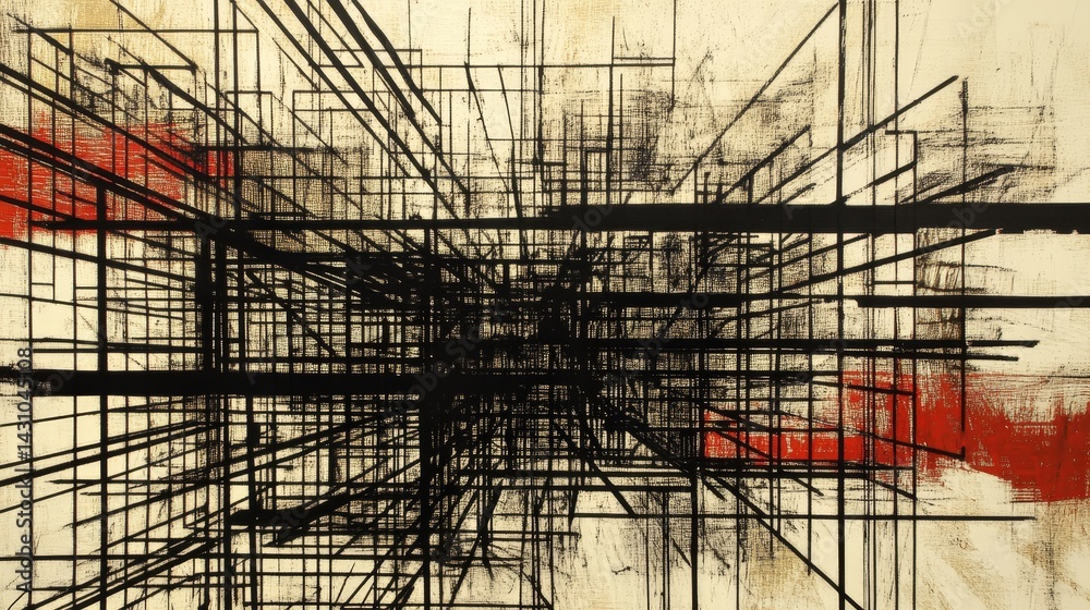 Poster A visually striking abstract site where scaffolding and steel frames intertwine into a complex web of lines
