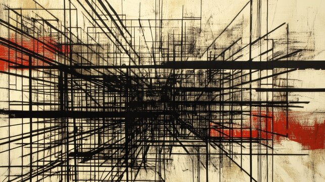 A visually striking abstract site where scaffolding and steel frames intertwine into a complex web of lines