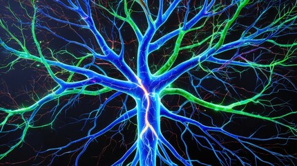 Glowing tree structure on a black backdrop, showing complex branching of blue and green limbs. A digital art with vibrant colors.