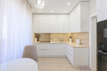 interior apartment kitchen and dining room, refectory area, cooking equipment, table furniture, stove