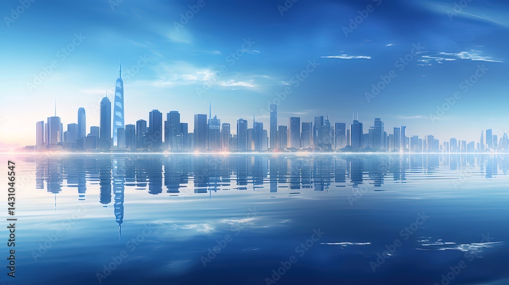 Poster 未来的な都市のスカイライン 水面への反射 青い空 都会の風景 美しい光景