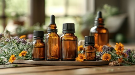 Amber bottles of essential oils surrounded by herbs