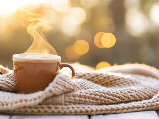 Obraz premium Warm coffee cup with steam on cozy blanket.