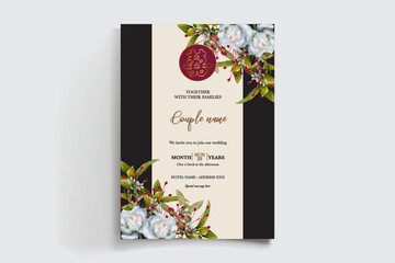WEDDING INVITATION FRAME WITH FLOWER DECORATIONS AND FRESH LEAVES