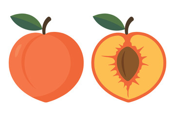 Juicy Peach and Cut Half with Pit – Flat Vector Illustration