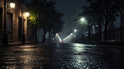 Obraz premium Rainy night street scene, city, wet pavement, lampposts. Possible use Stock photo for backgrounds, posters, or digital art