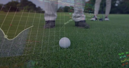 Golf partners adjusting positioning on fairway, overlaying financial charts and stock tickers - Powered by Adobe