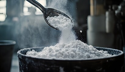 Baking soda powder is poured into the container from an iron bucket with a pouring spoon, close-up of white salt or baking soda
