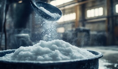 Baking soda powder is poured into the container from an iron bucket with a pouring spoon, close-up of white salt or baking soda