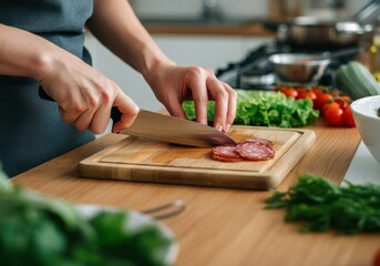 Person slicing salami on wooden board