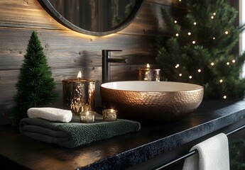 Luxurious bathroom with a black countertop, copper sink, and white washbasin decorated with green Christmas tree branches. 