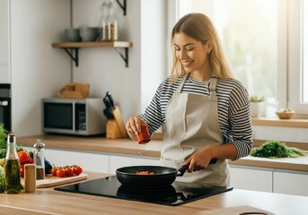 Woman cooking food in kitchen