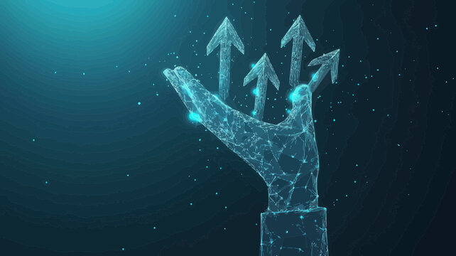 Abstract Digital Businessman Hand with Rising Arrows in Futuristic Low Poly Wireframe Style on Blue Background - Successful Growth Strategy Concept Vector Illustration