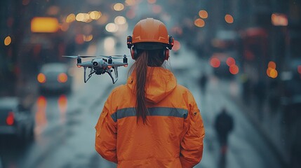 Woman in orange jacket operating drone in city.