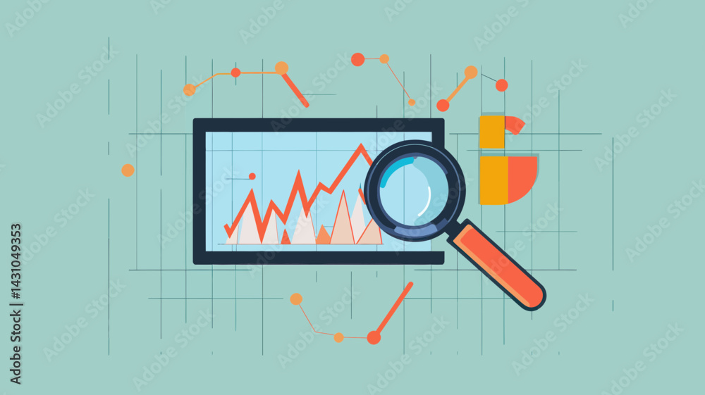 Poster flat vector illustration of web analytics with graphs, magnifying glass and website statistics for b