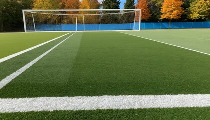 Fototapeta premium A soccer field with white lines and a goal post with trees in the background on a sunny day