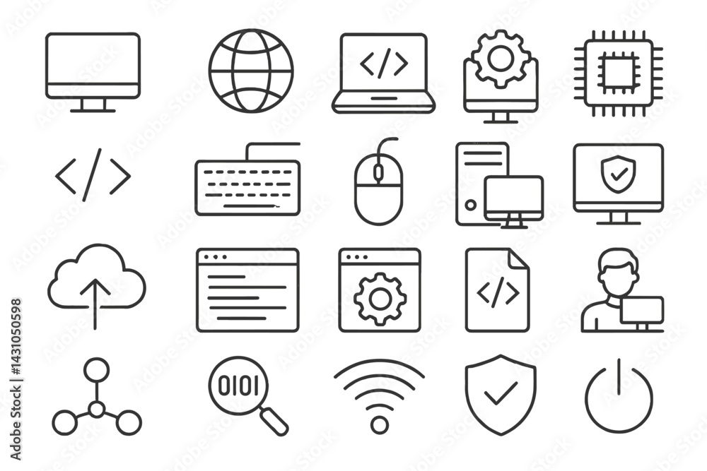 Poster collection of vector icons representing technology, programming, and digital activities in a modern 