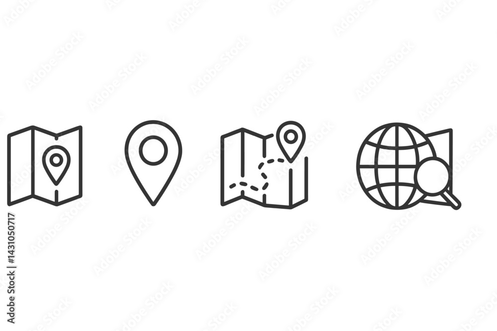 Poster vector icon set featuring map symbols and location markers for navigation and exploration designs
