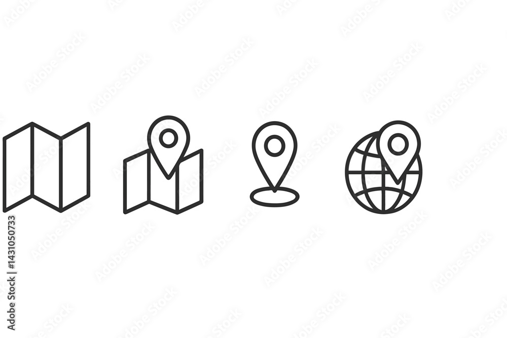 Poster vector icon set illustrating various map and location symbols commonly used in navigation and locati