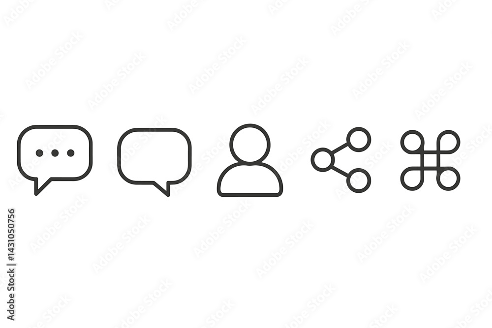 Poster vector icon set representing communication, sharing, and user profile in minimalistic design