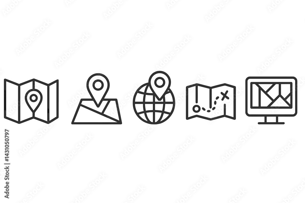Poster vector icon set illustrating various map and navigation concepts suitable for digital design project