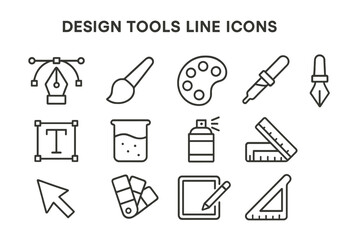 Vector icon set featuring design tools including brushes, palettes, rulers, and more for creative projects and digital art