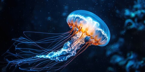 A close-up of a jellyfish pulsating gracefully in the deep sea, glowing softly in the darkness