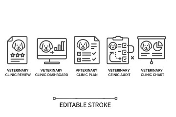 Vector icon set showcasing various veterinary clinic management tools for efficient animal care and client interaction
