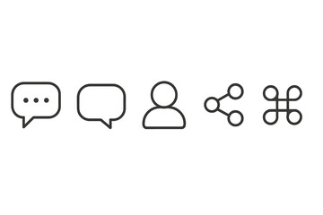 Vector icon set representing communication, sharing, and user profile in minimalistic design