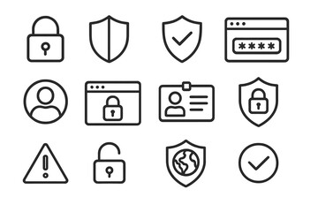 Vector icon set featuring security, privacy, and protection elements for digital applications and online services
