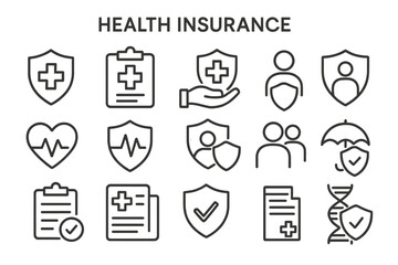 Collection of vector icons representing health insurance concepts and services in a simple and clear design