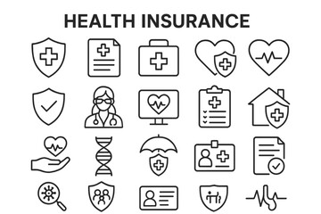 Vector icon set showcasing various health insurance symbols and concepts for design projects and presentations