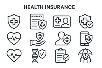 Vector icon set representing concepts related to health insurance, medical services, and wellness for easy understanding and communication