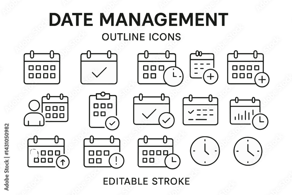 Poster vector icon set for date management showcasing various calendar and clock designs in outline style