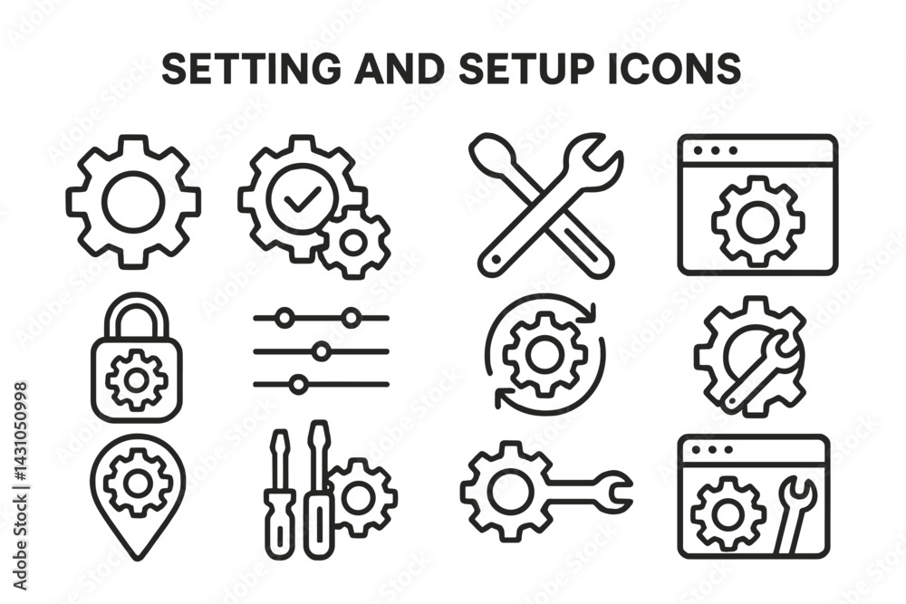 Poster collection of vector icons representing various settings and setup elements for digital interfaces a