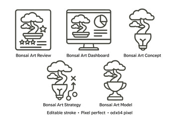 Vector icon set showcasing bonsai art concepts, strategies, and models for creative projects in digital design