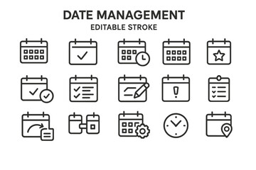 Vector icon set for date management featuring various calendar and scheduling symbols designed for digital applications