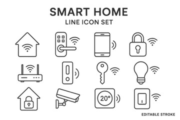 Vector icon set depicting various smart home technology elements and devices for modern living spaces in a minimalistic style
