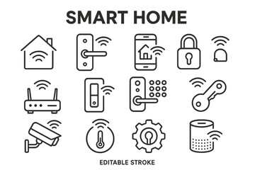 Vector icon set depicting smart home technology and devices for modern living and automated systems