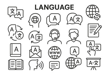 Diverse vector icon set illustrating various aspects of language communication, learning, and exchange