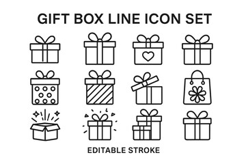 Diverse vector gift box icon set featuring various designs, styles, and decorations for celebration and gifting purposes