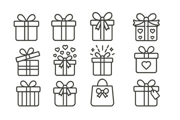Vector icon set featuring gift boxes in various designs and styles for celebrations, packaging, and events