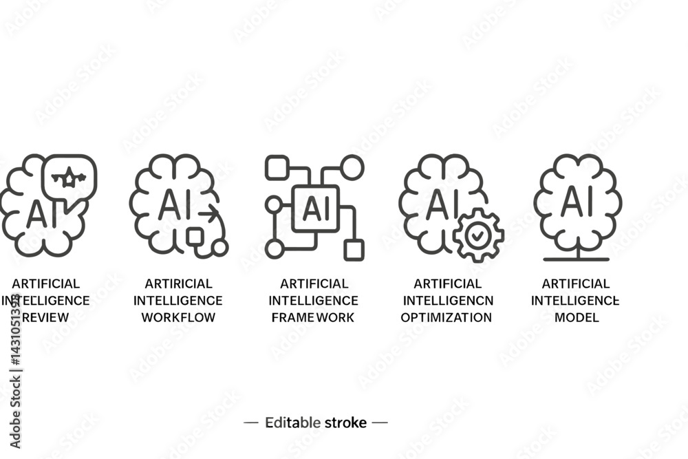 Poster vector icon set showcasing different aspects of artificial intelligence with clean line designs and 
