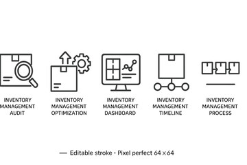 Vector icon set showcasing various aspects of inventory management including audit, optimization, dashboard, and process flow