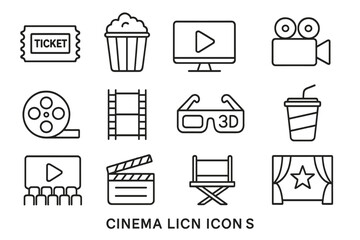 Vector icon set representing various cinema elements for use in creative projects and design