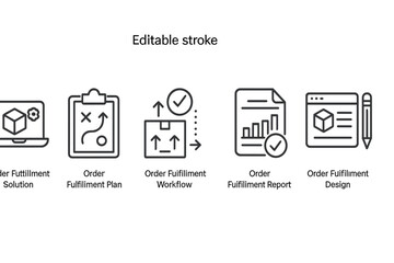 Vector icon set illustrating various aspects of order fulfillment processes for efficient workflow management