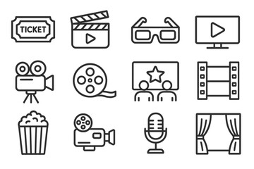 Vector icon set featuring cinema elements like tickets, cameras, and popcorn for film-related projects
