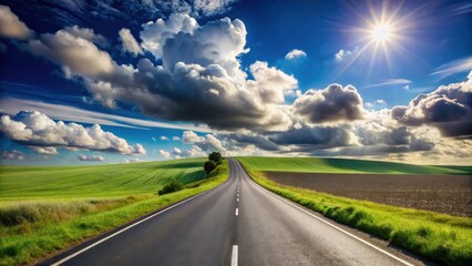 Asphalt Road Winding Through Verdant Fields Under a Dramatic Sky with Bright Sun